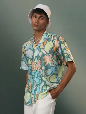 VASTRAMAY Men's Multi-Color Base Blue Forest Print Cotton Shirt