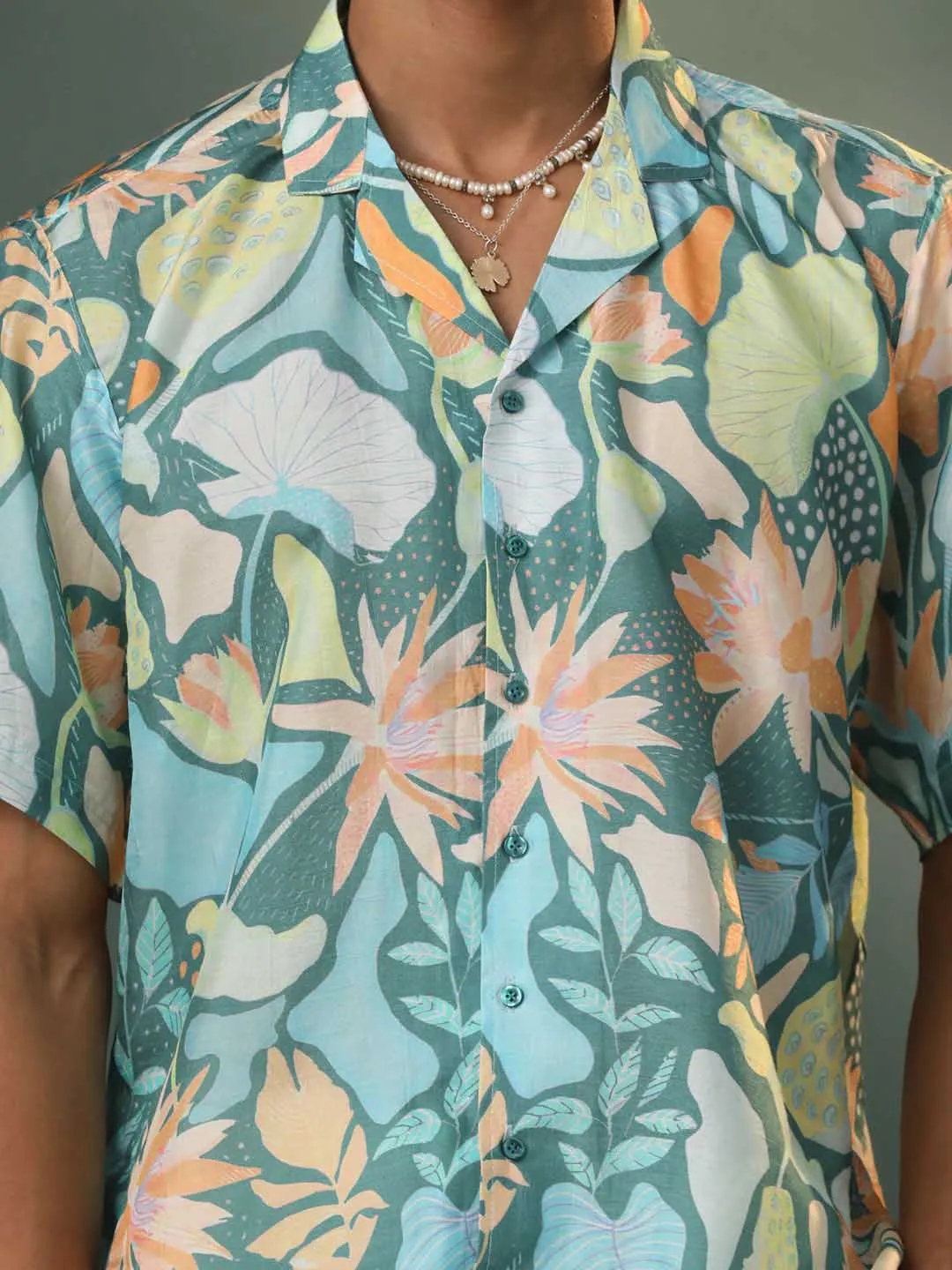 VASTRAMAY Men's Multi-Color Base Blue Forest Print Cotton Shirt