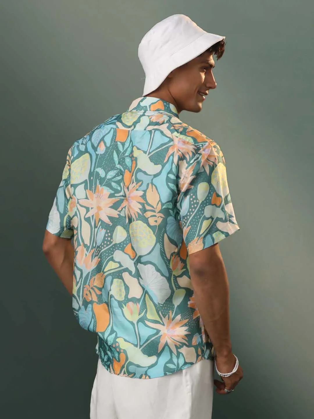 VASTRAMAY Men's Multi-Color Base Blue Forest Print Cotton Shirt