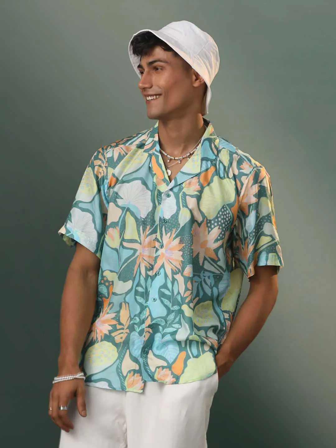VASTRAMAY Men's Multi-Color Base Blue Forest Print Cotton Shirt