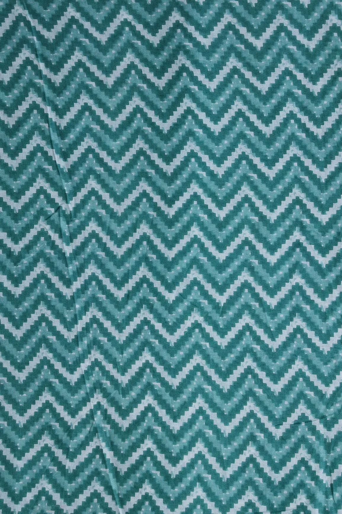 White And Jungle Green Chevron Print On Pure Cotton Fabric
