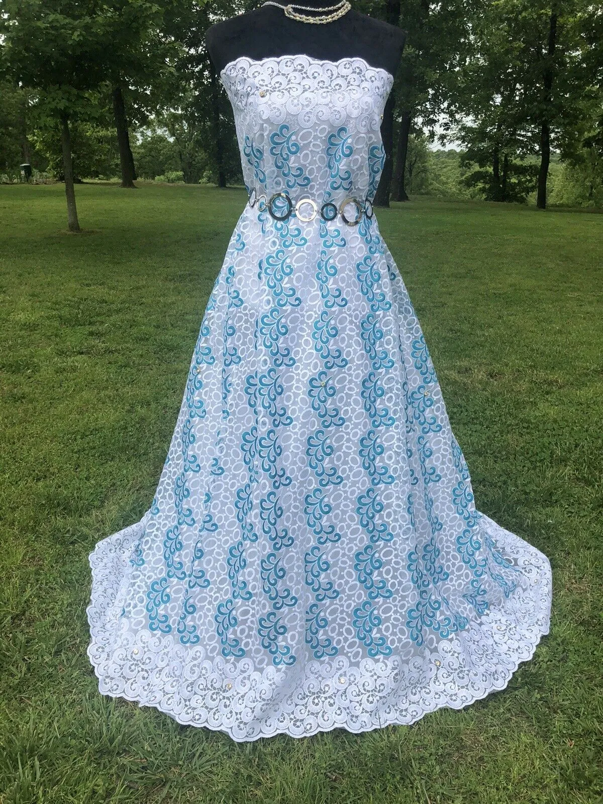 White And Teal Embroidered Lace Fabric