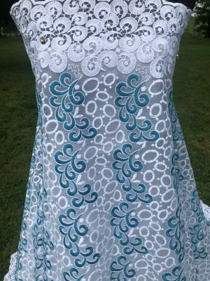 White And Teal Embroidered Lace Fabric