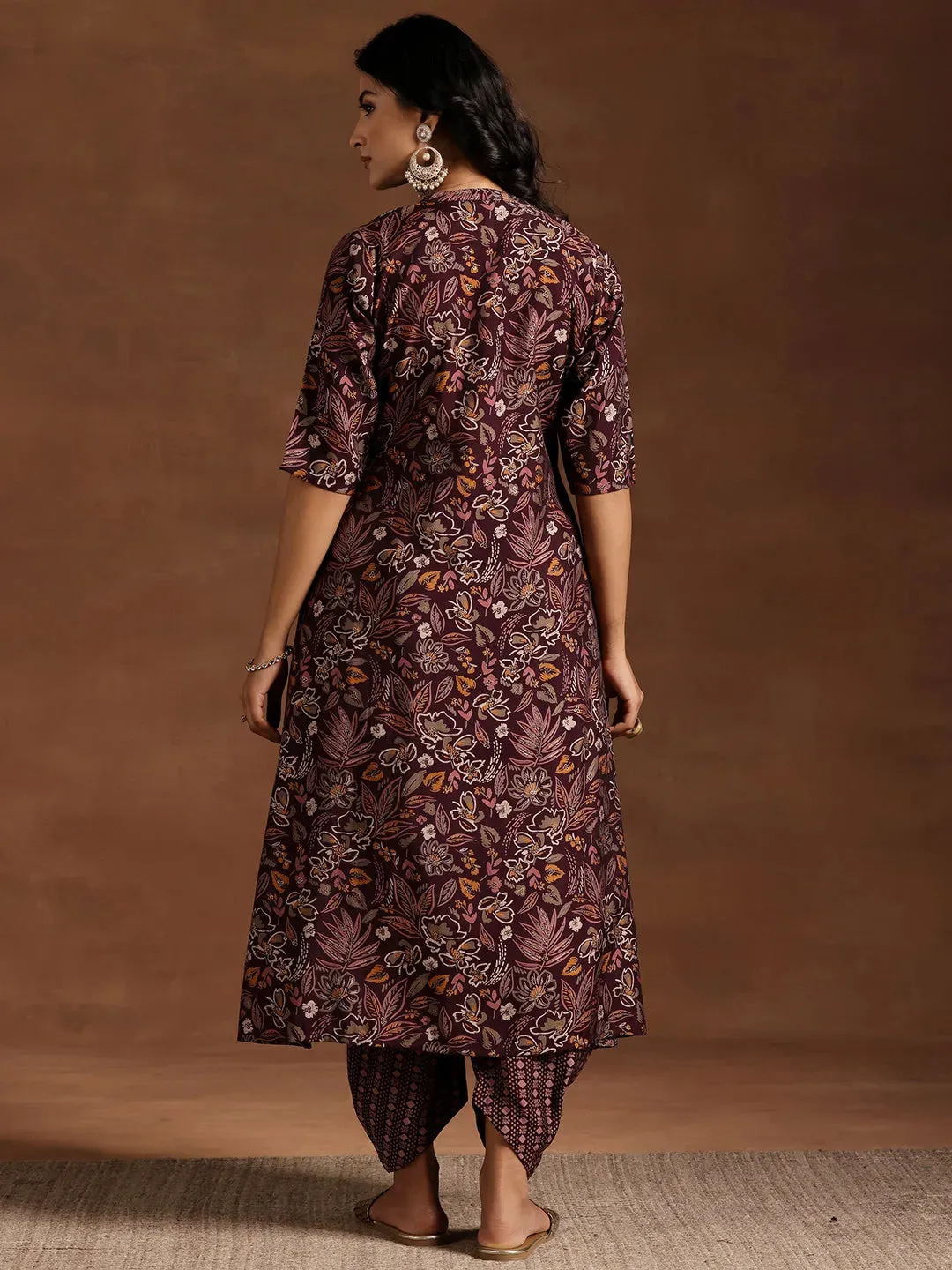 Wine Printed Silk Blend A-line Kurta With Salwar