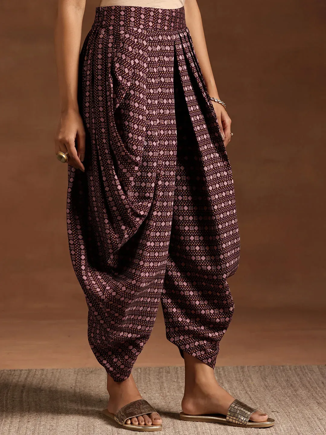 Wine Printed Silk Blend A-line Kurta With Salwar