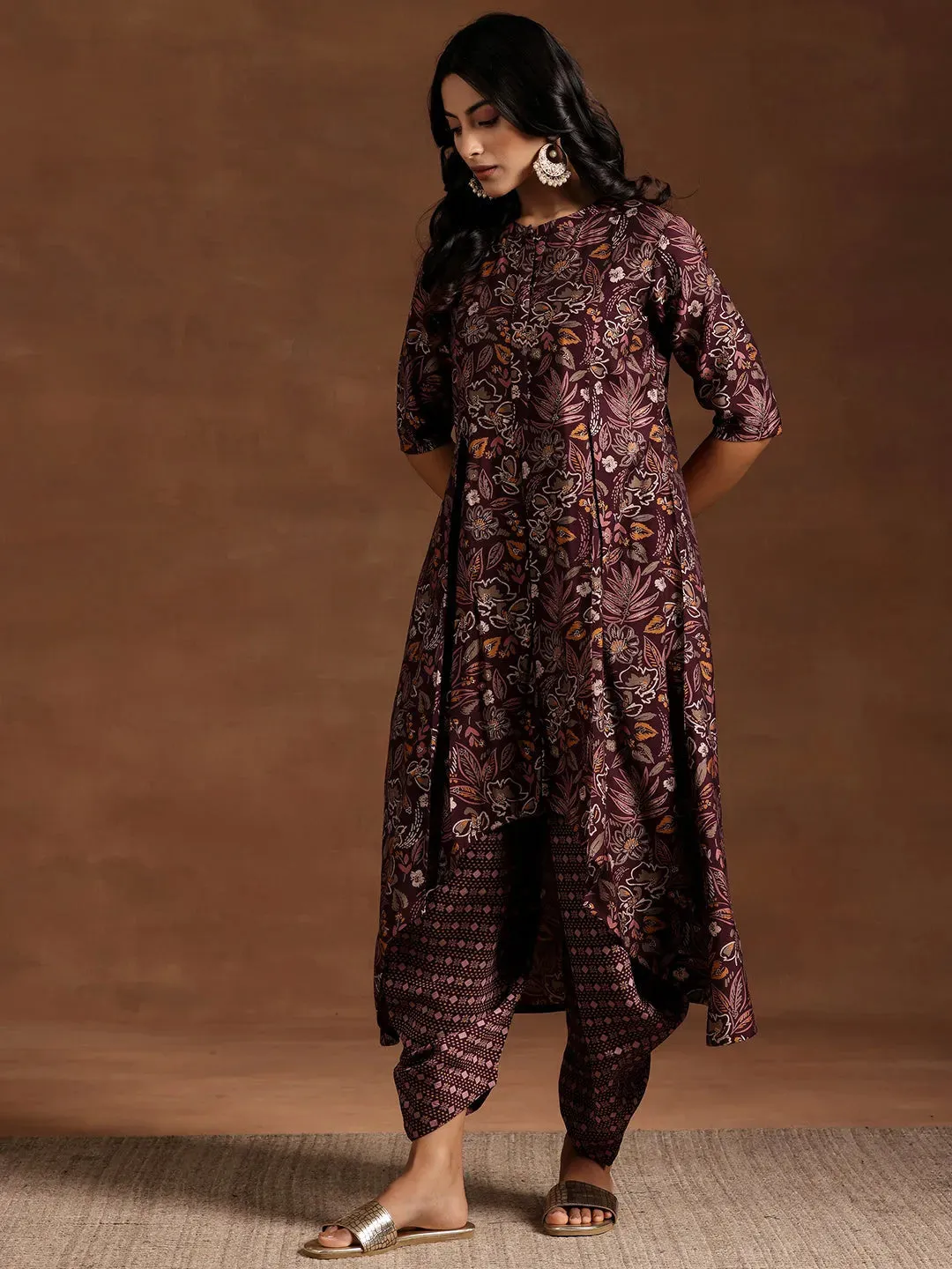 Wine Printed Silk Blend A-line Kurta With Salwar