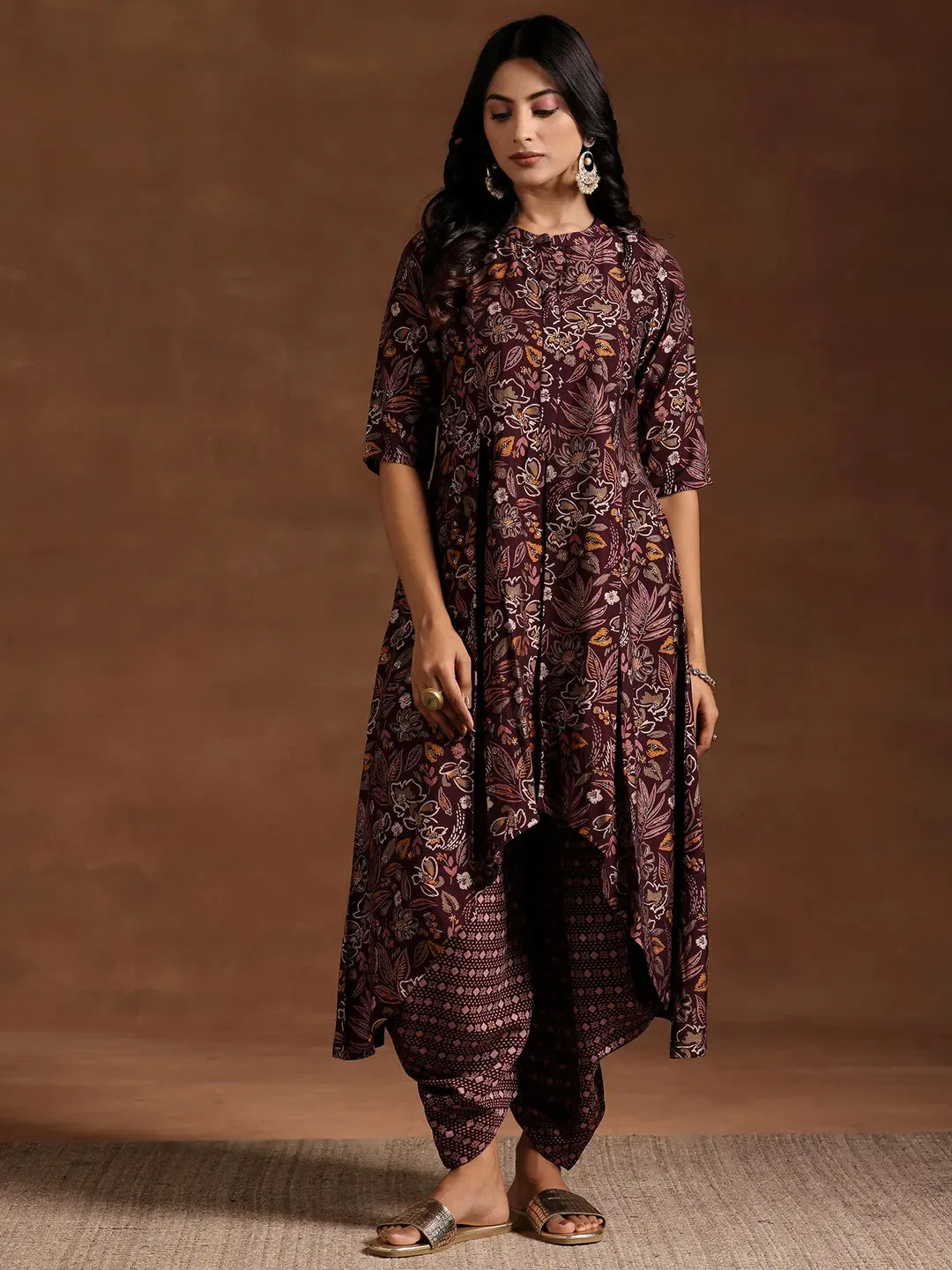 Wine Printed Silk Blend A-line Kurta With Salwar