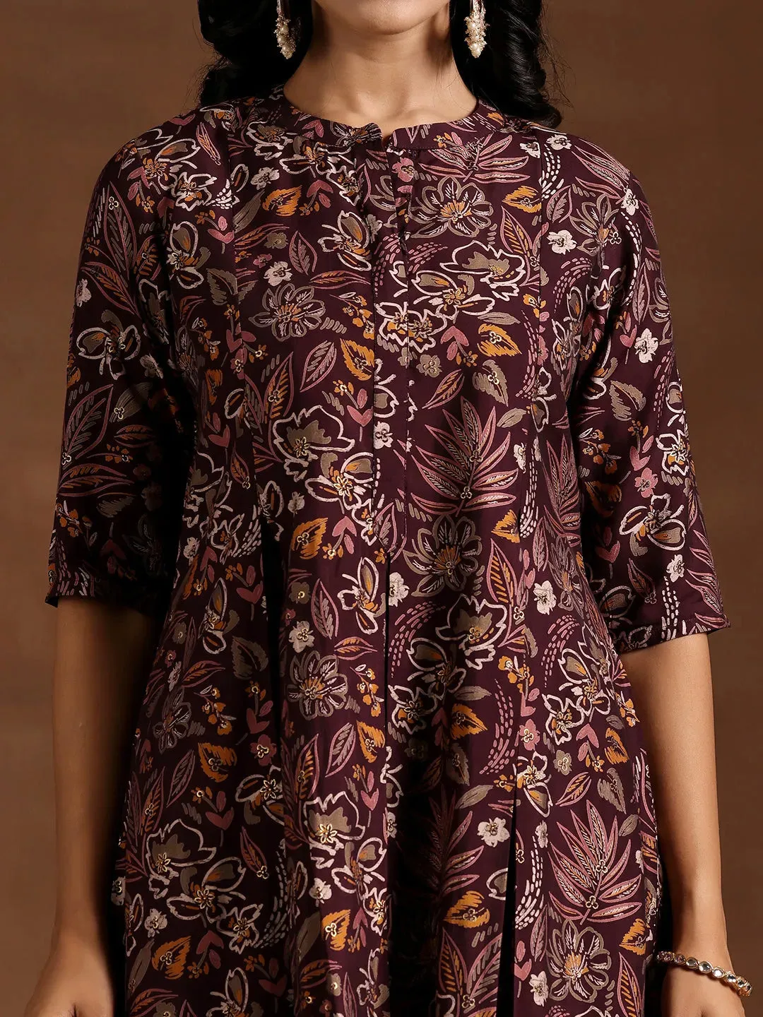 Wine Printed Silk Blend A-line Kurta With Salwar