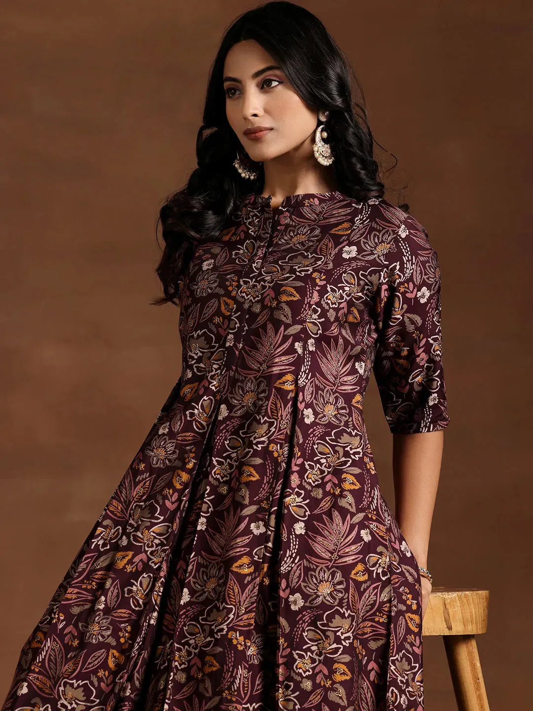 Wine Printed Silk Blend A-line Kurta With Salwar