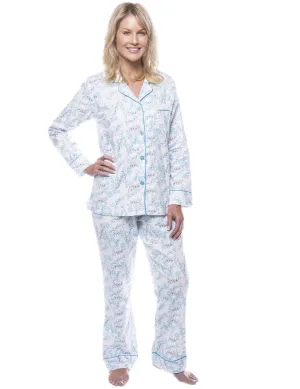 Women's 100% Cotton Flannel Pajama Sleepwear Set - Floral White/Blue