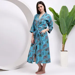 Women’s Cotton Wear: Sky Blue Kimono Robes with Elephant Print