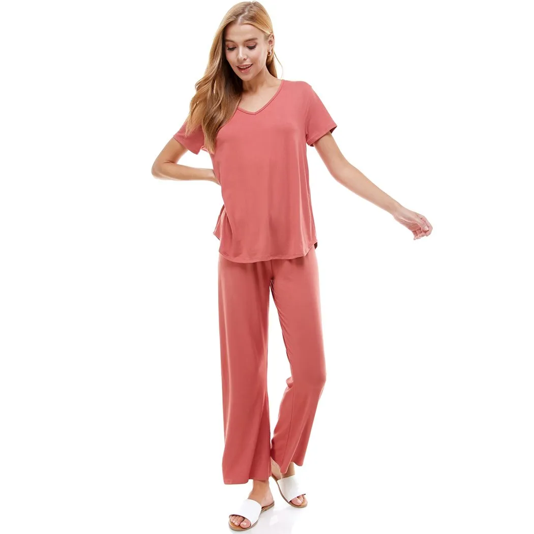 Women?€?s Loungewear Set Black & Mauve Solid Color Short Sleeve Set