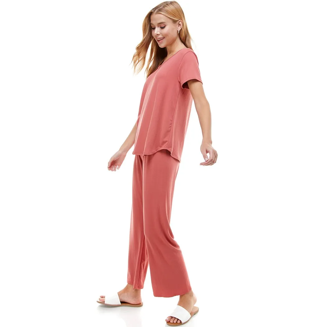 Women?€?s Loungewear Set Black & Mauve Solid Color Short Sleeve Set