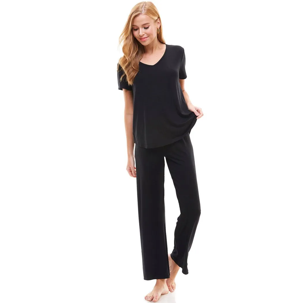 Women?€?s Loungewear Set Black & Mauve Solid Color Short Sleeve Set
