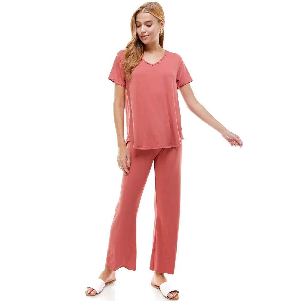 Women?€?s Loungewear Set Black & Mauve Solid Color Short Sleeve Set