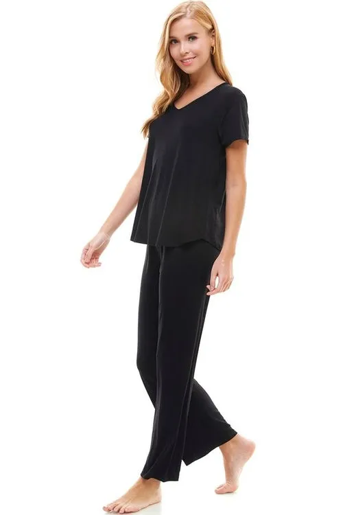 Women?€?s Loungewear Set Black & Mauve Solid Color Short Sleeve Set