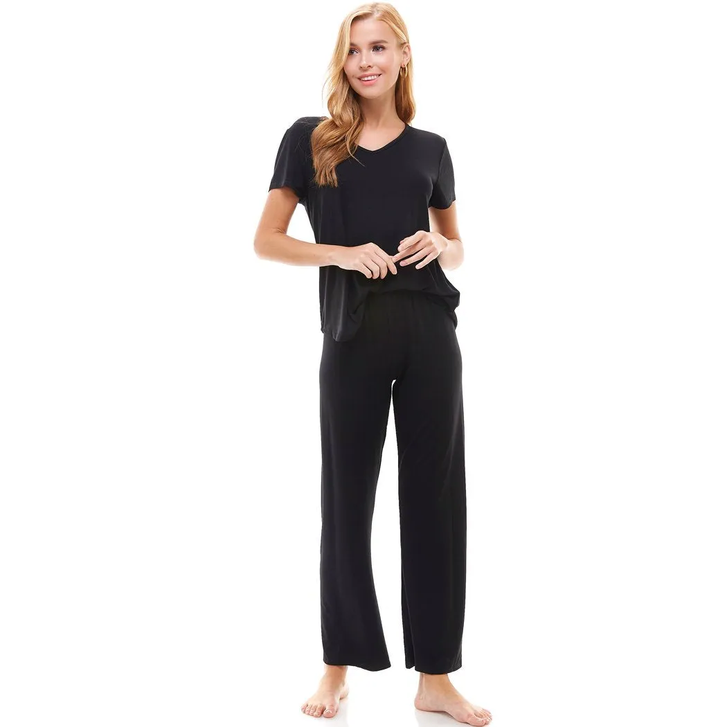 Women?€?s Loungewear Set Black & Mauve Solid Color Short Sleeve Set
