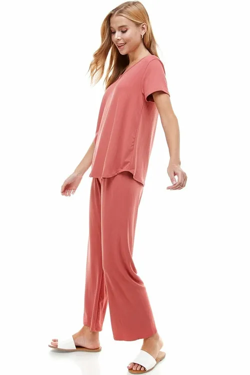 Women?€?s Loungewear Set Black & Mauve Solid Color Short Sleeve Set