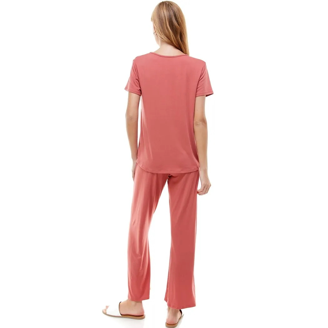 Women?€?s Loungewear Set Black & Mauve Solid Color Short Sleeve Set